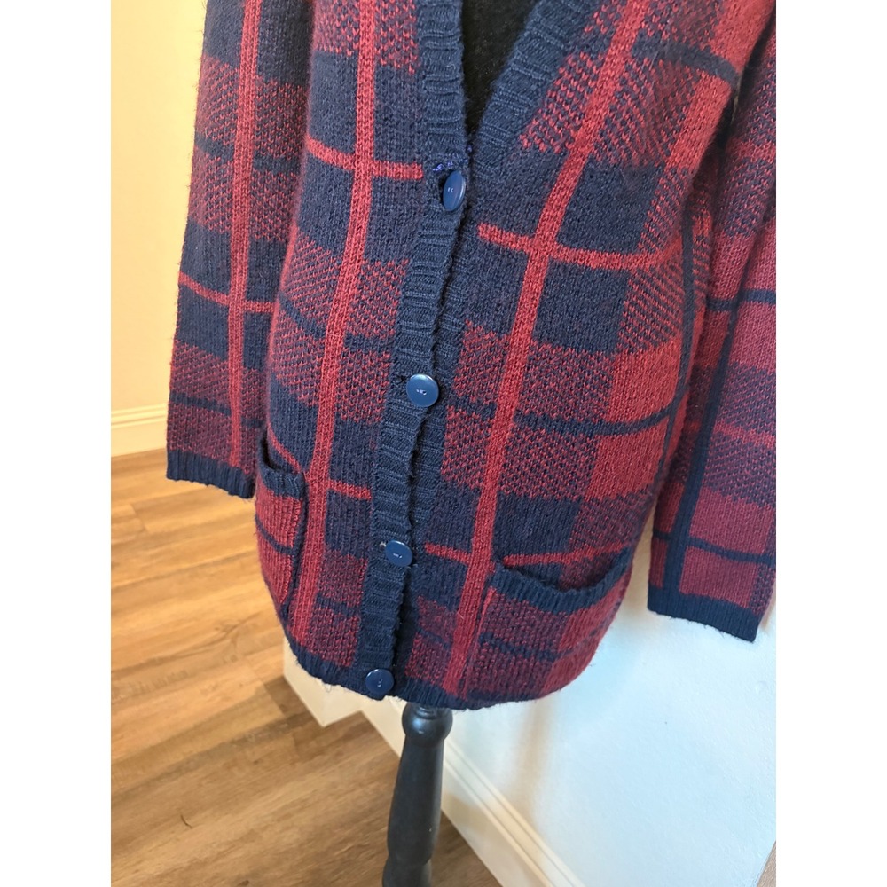 Abercrombie & Fitch Plaid Cardigan Sweater Navy Burgundy Longline Small NWT - Picture 2 of 5